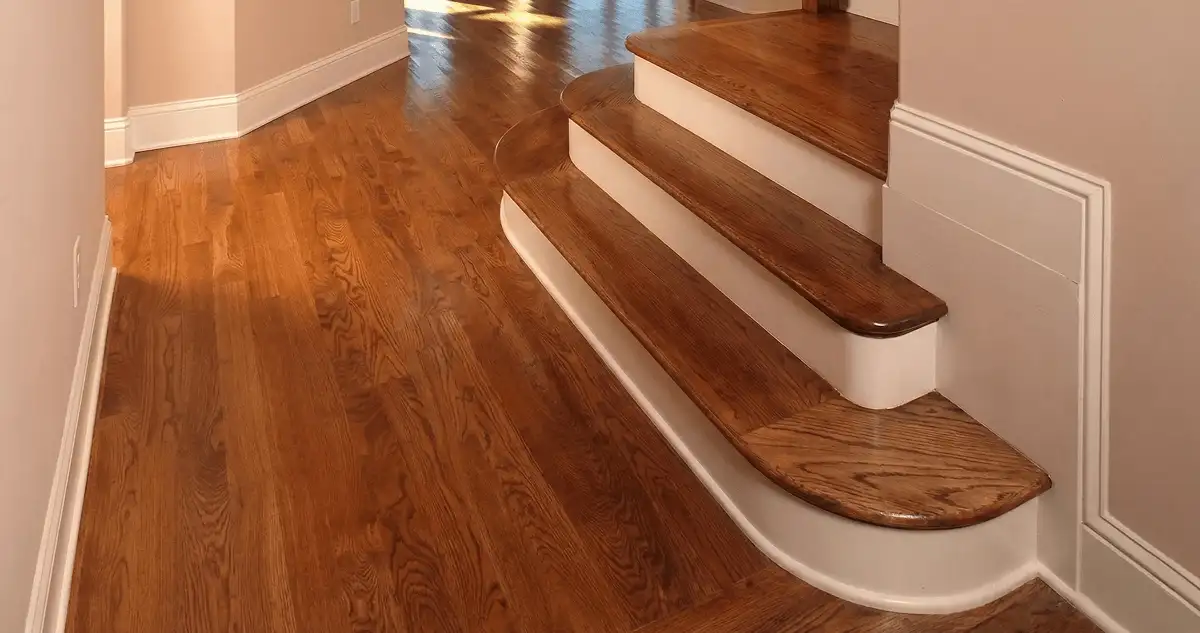 Base floor of a staircase with professionally restored wood flooring in Sioux Falls SD