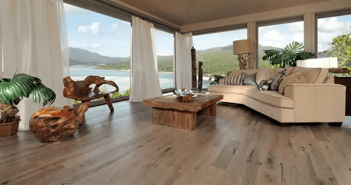 Professionally installed vinyl flooring in a modern living room with large windows in Sioux Falls, SD